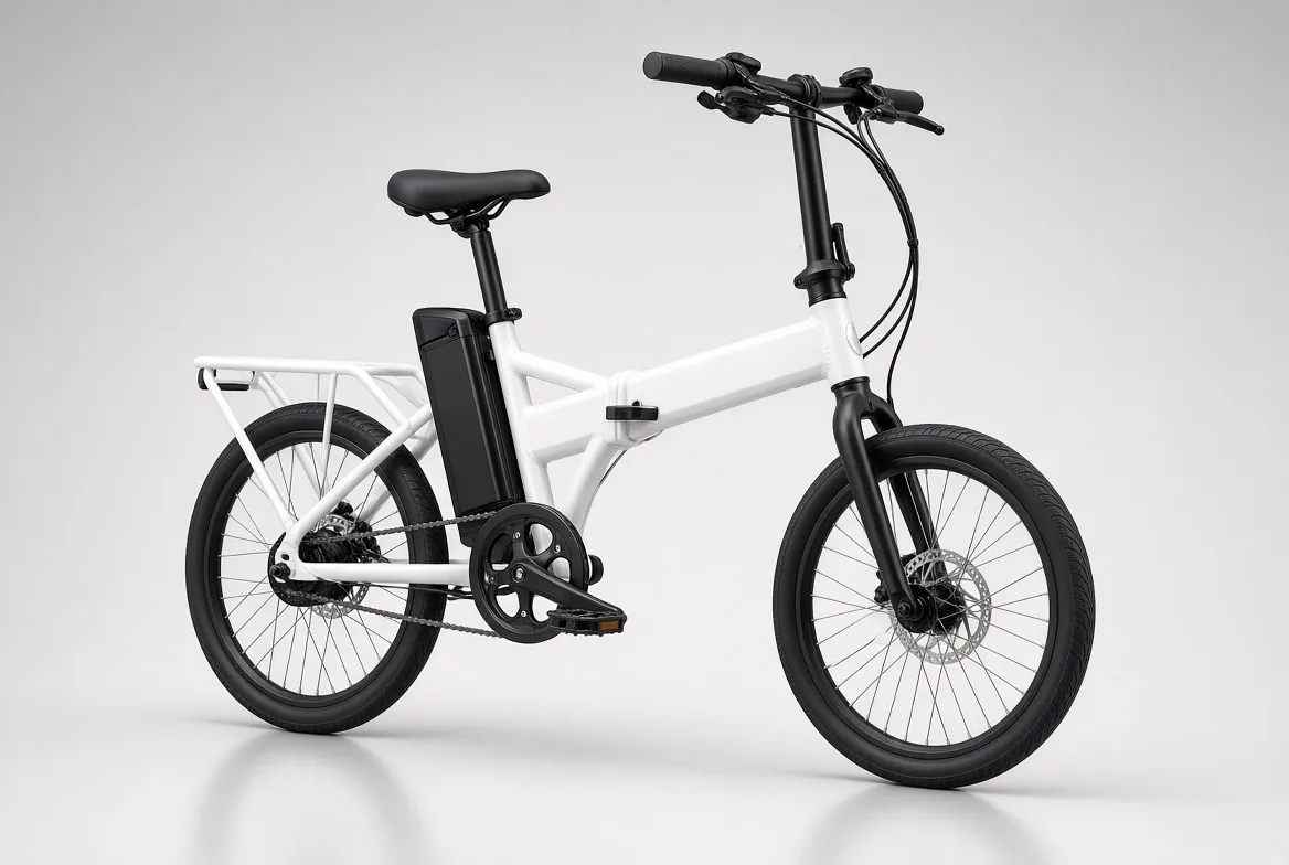 White folding electric bicycle with a black battery